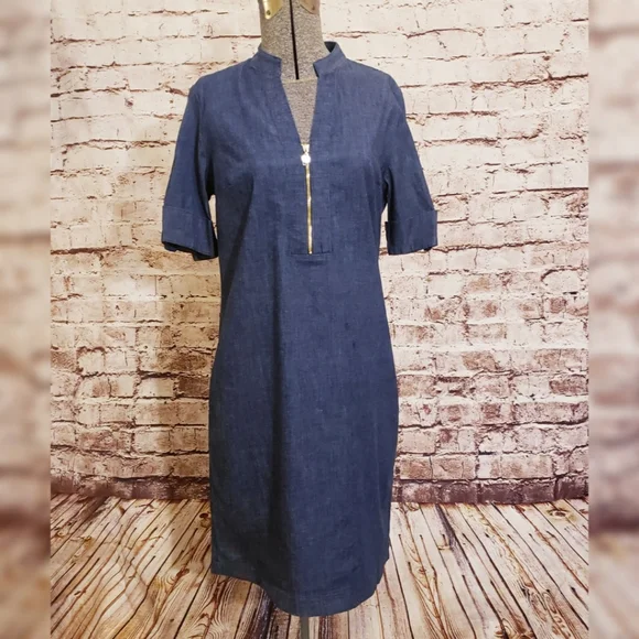 NWT Anne Klein Denim Shift Dress Zipper Neck Tab Sleeves Size 4 - Picture 4 of 8
